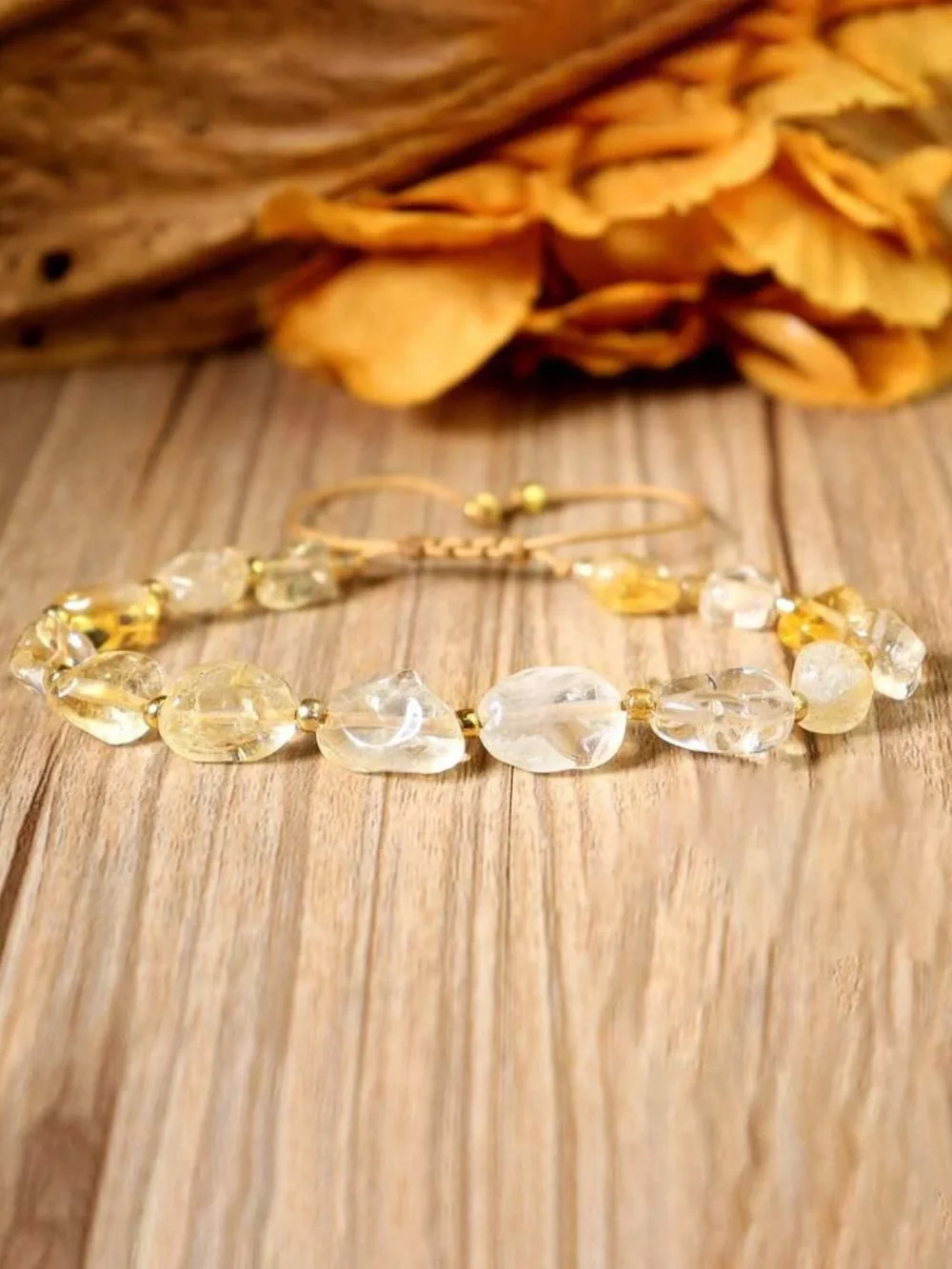 Handcrafted Citrine bracelet irregularly shaped stones gold bead braided closure - Picture 2 of 2